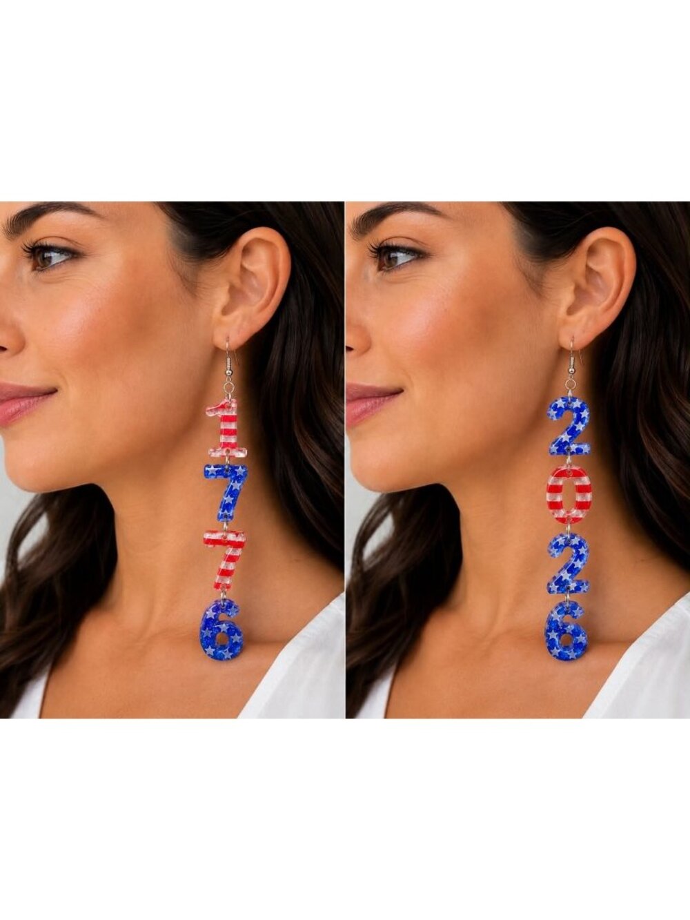 1776 & 2026 Patriotic Acrylic Dangle Earrings Red, White & Blue Fourth of July E